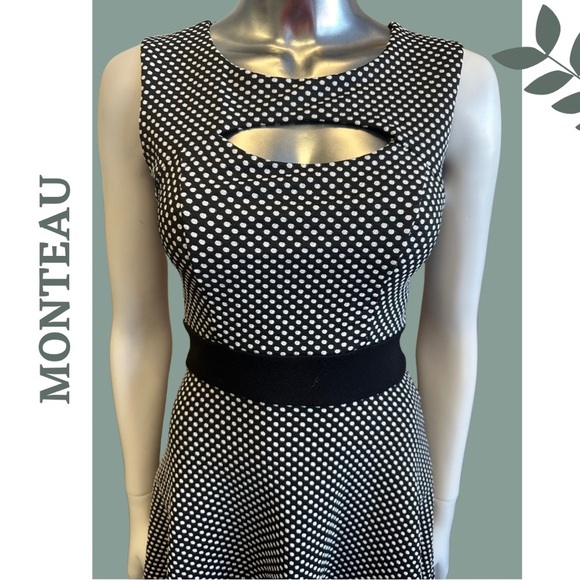 🛍️3/$40 Monteau A-Line Sleeveless Dress Black Whitee Polka Dot Cut Out Sz Small - Picture 3 of 7